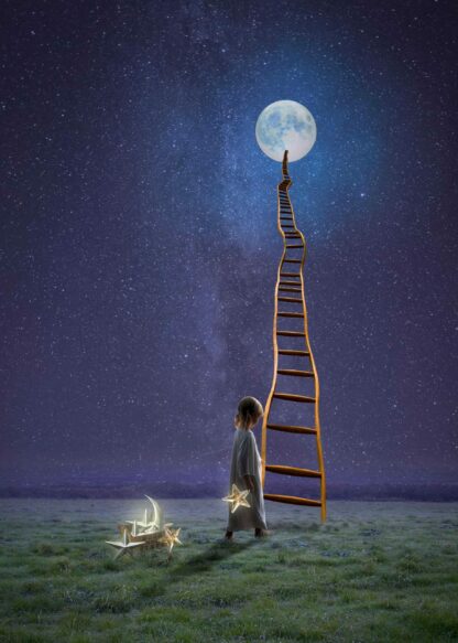 Girl’s dream coming to the moon by a ladder poster