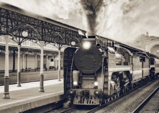 Retro train departs from railway station in Moscow poster