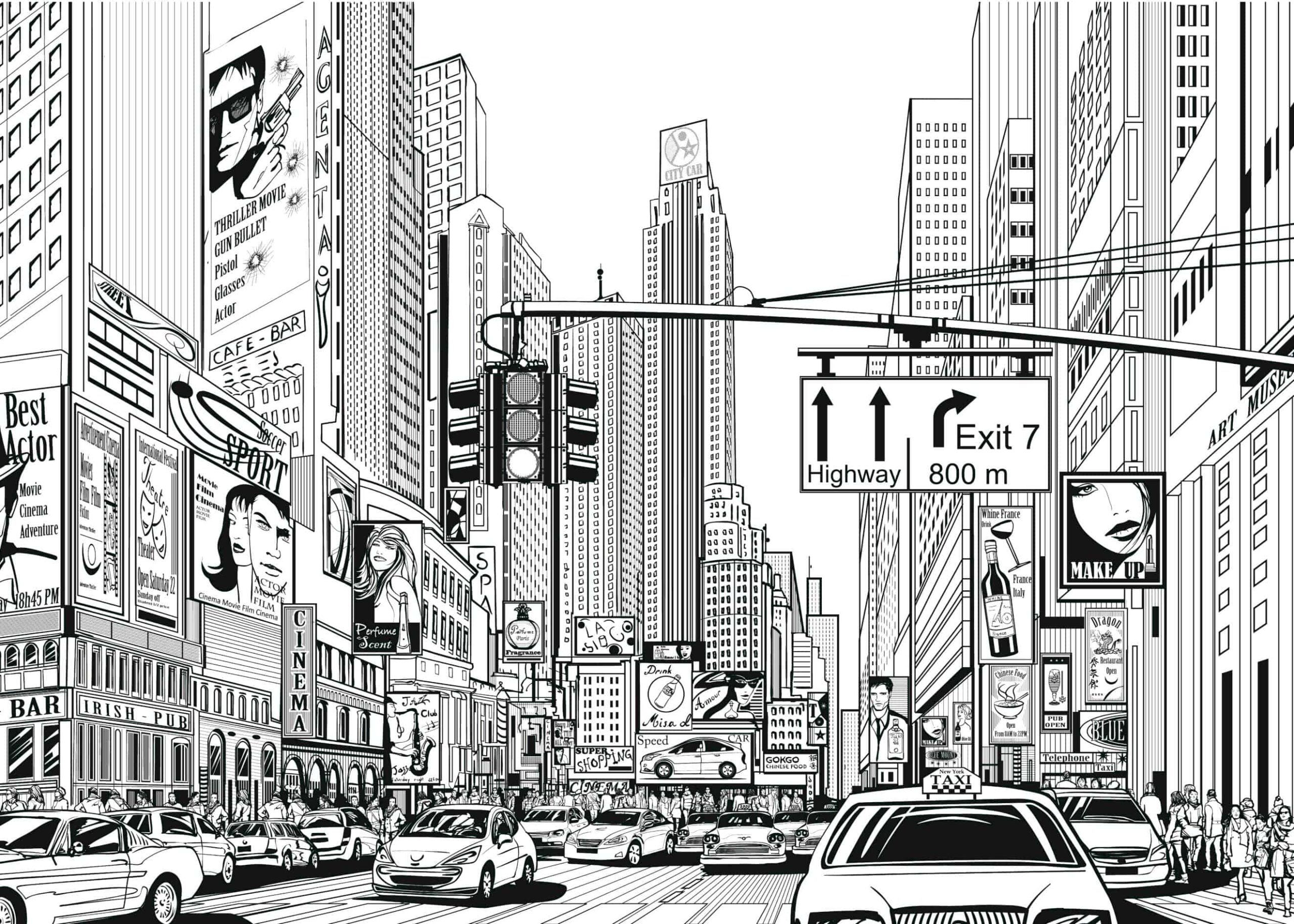 Busy New York City black and white illustration poster