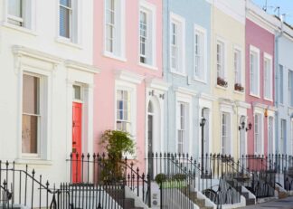 Colorful London houses in pastel tones poster