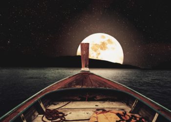 Wooden boat on the river poster