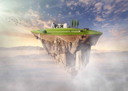 Surreal floating island with meadow illustration poster