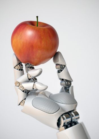 Red apple in robotic hand poster