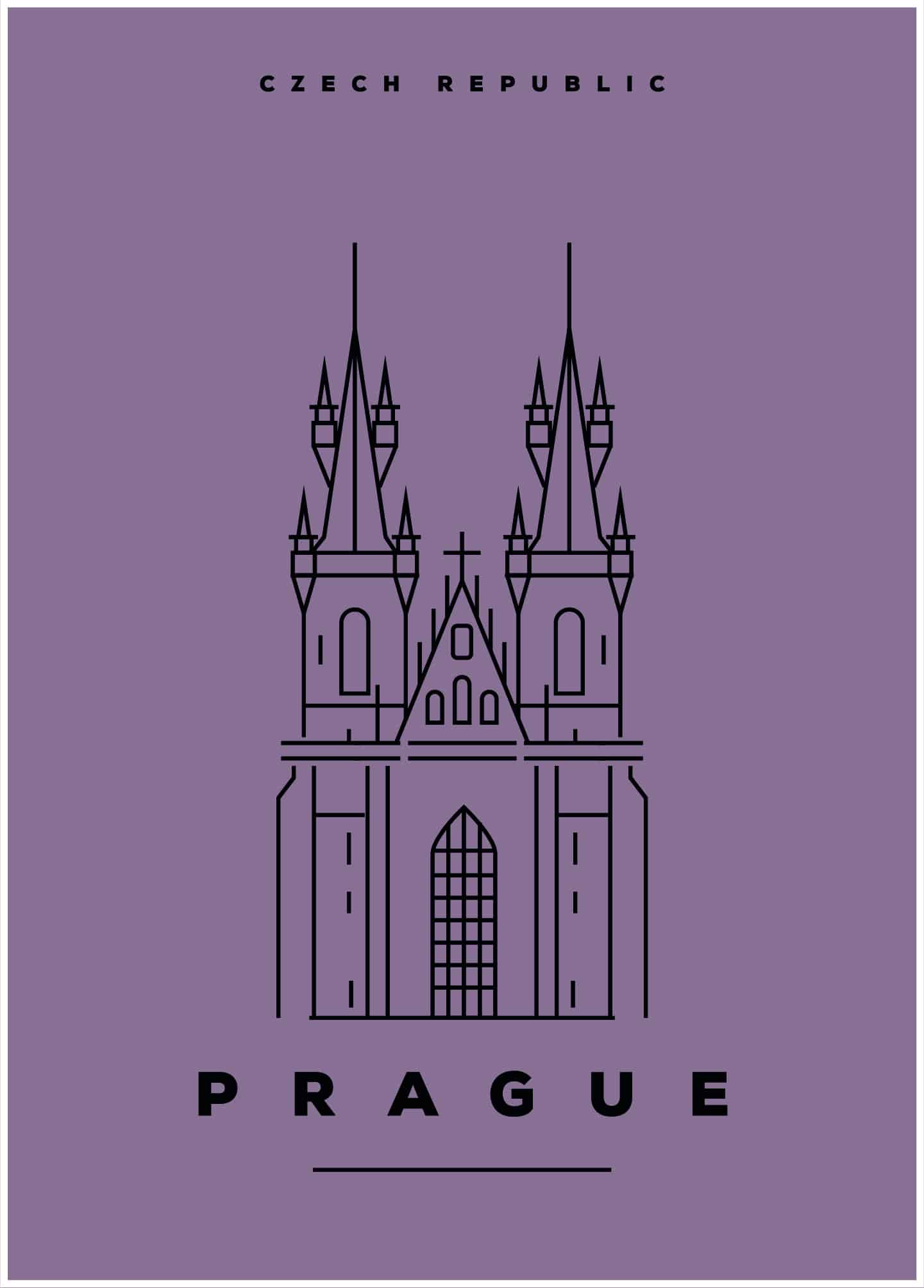 prague illustration on purple background poster